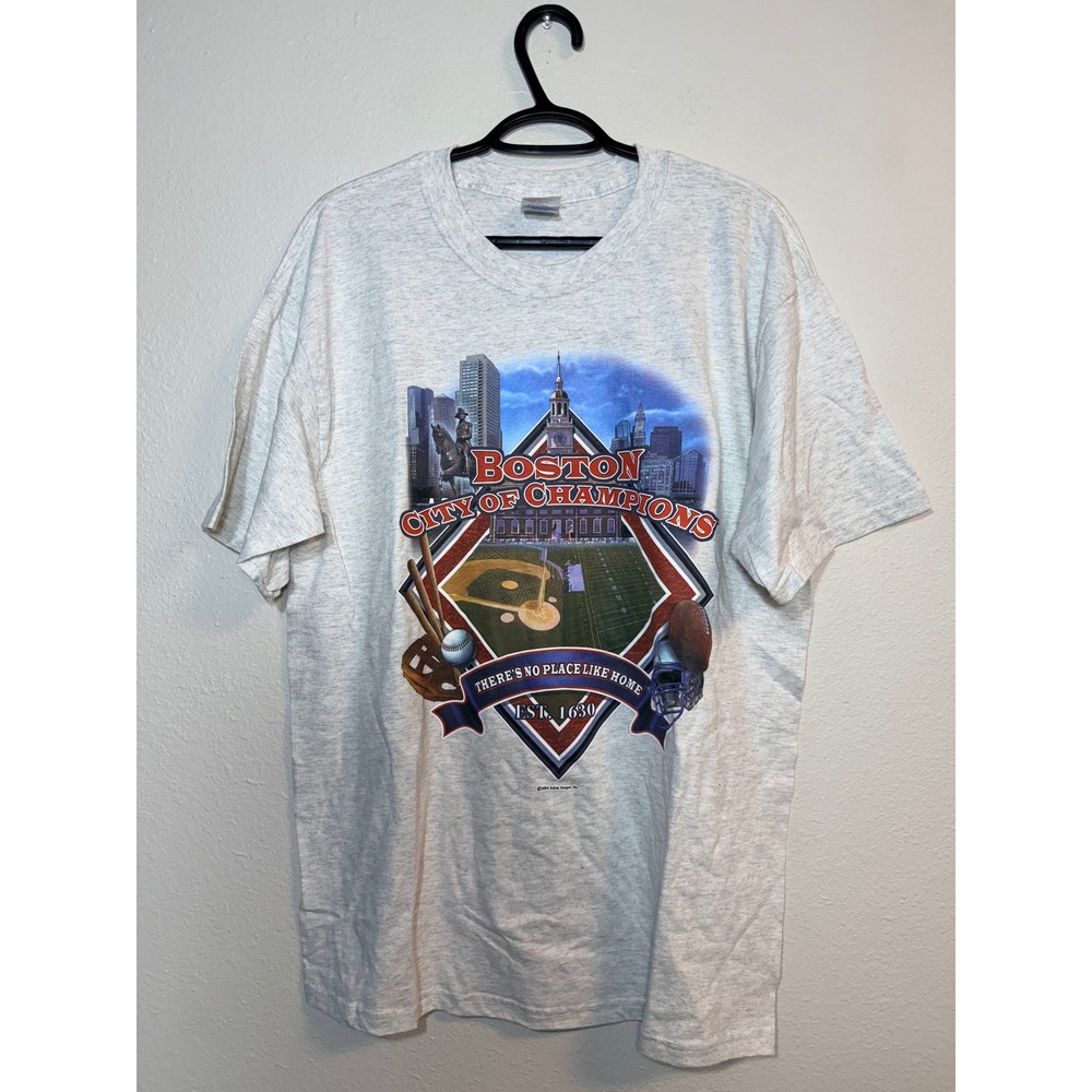 Vintage 2004 Boston City of Champions T-Shirt Mens Large Grey Gildan Cotton